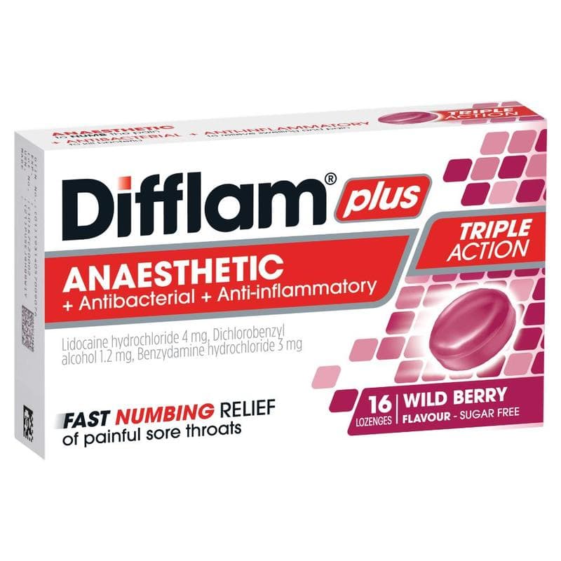 Difflam Plus Anaesthetic + Antibacterial + Anti-Inflammatory Sore Throat Triple Action Wild Berry Lozenges 16s